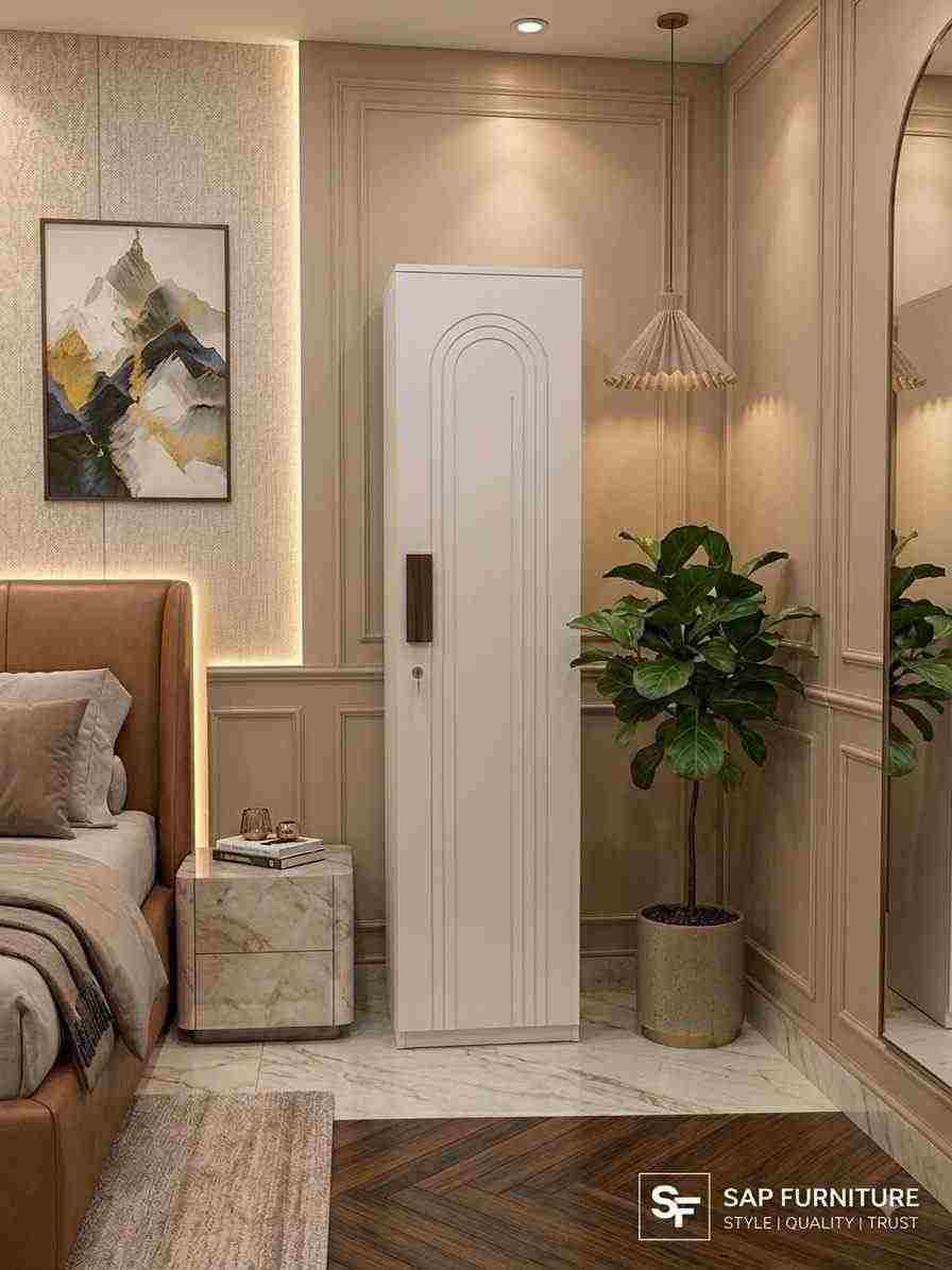 Minimalist White Single-Door Wardrobe with Arched Grooves & Wooden Handle
