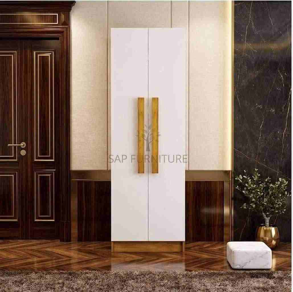 Minimalist White Double-Door Wardrobe with Natural Wooden Bar Handles