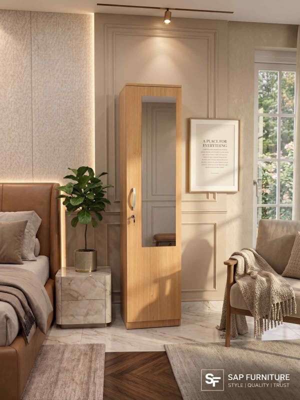 Nordic Oak Single-Door Wardrobe with Dressing Mirror & Lock