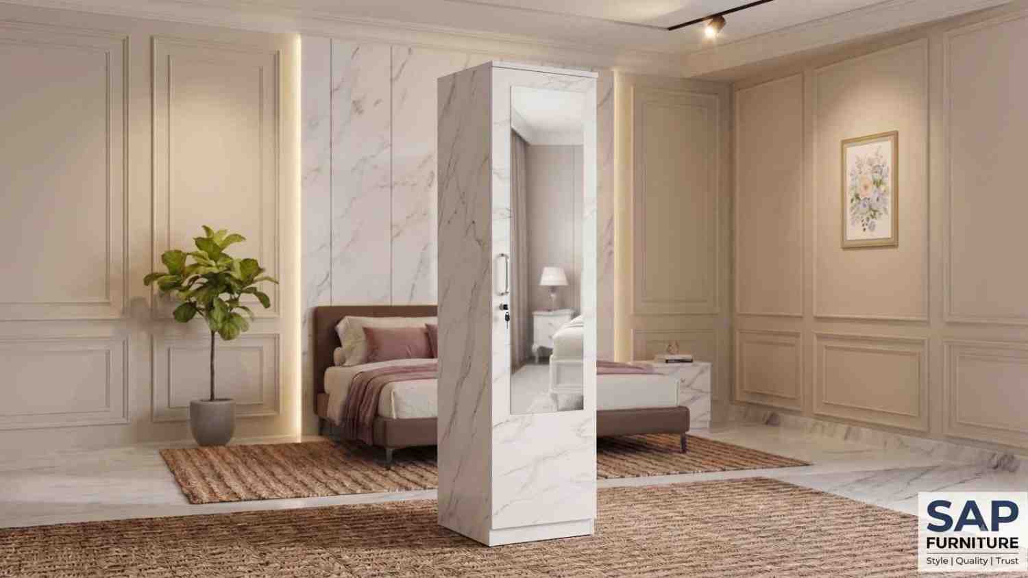 Luxurious White Marble Single-Door Wardrobe with Dressing Mirror
