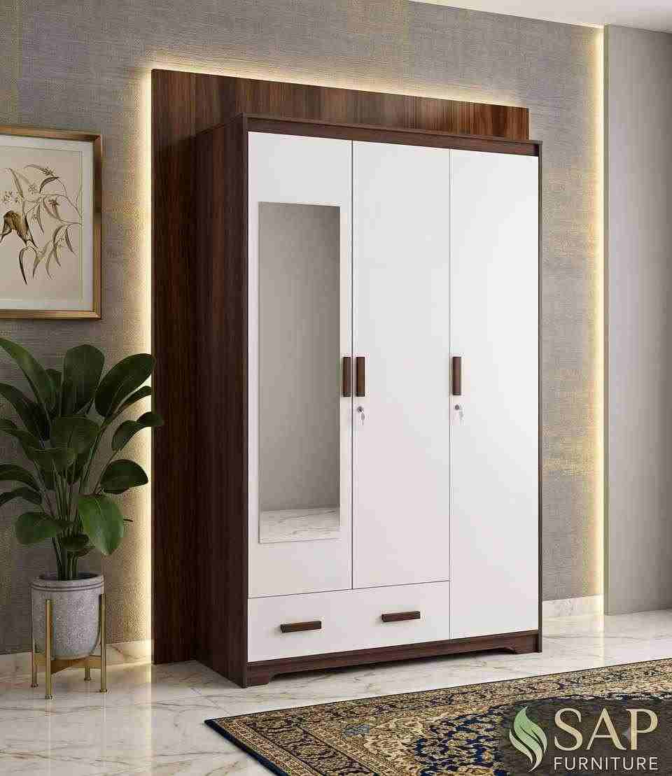 Modern Dual-Tone White & Walnut Three-Door Wardrobe with Dressing Mirror & Drawers