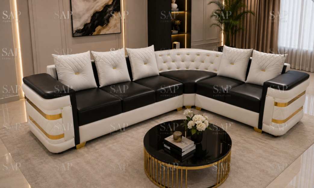 Premium Leatherette L Shape Corner Sectional Sofa Set with Golden Accents Black and White