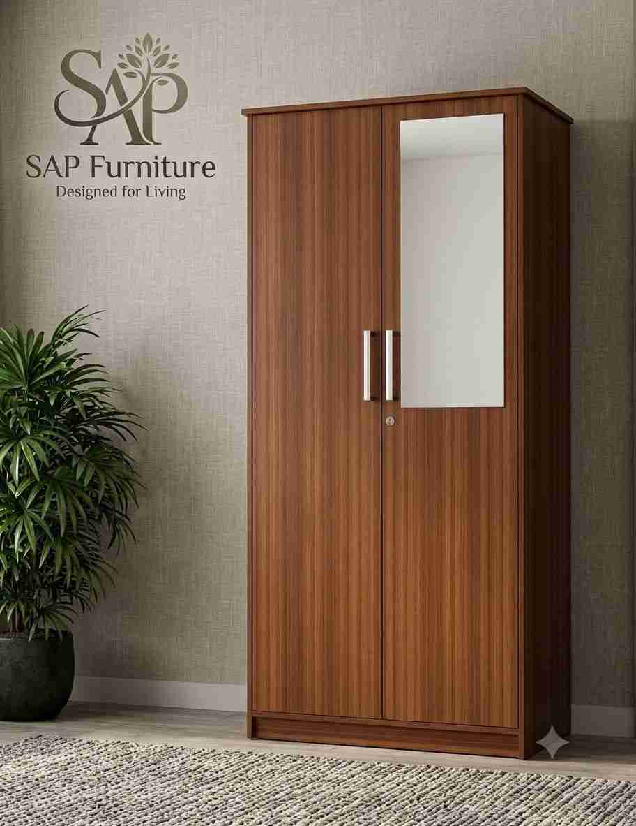 SAP Furniture 2-Door Wooden Wardrobe with Mirror & Hanging Storage