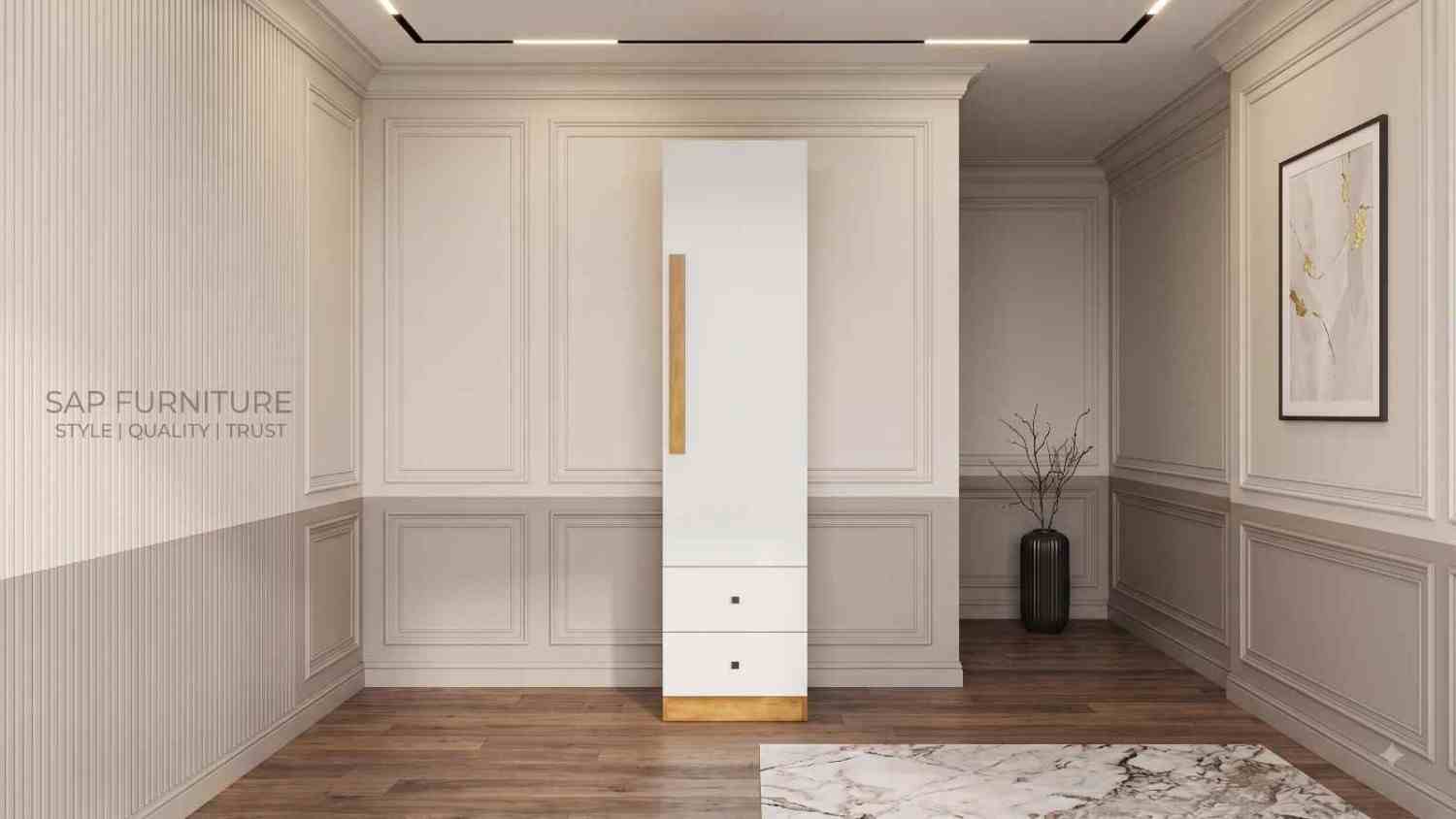 Sleek White Single-Door Wardrobe with Drawers & Wooden Accent