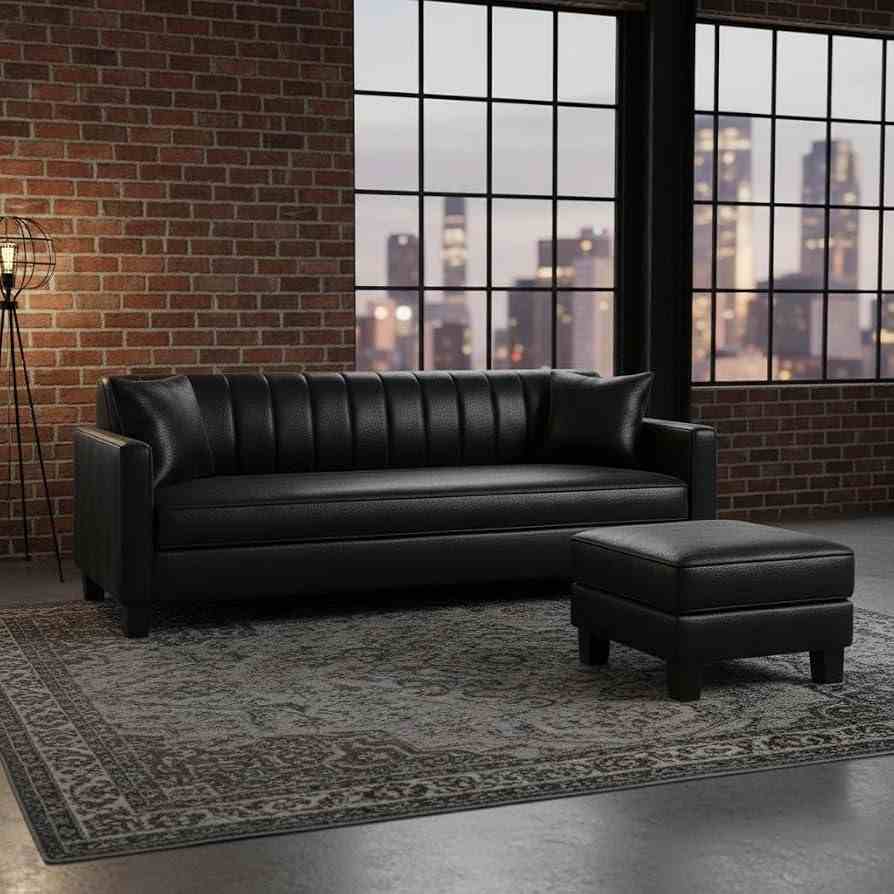 The Gotham Jet-Black Faux Leather Sofa Set