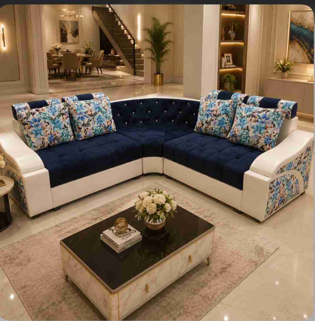 Majestic Premium Velvet L Shape Sectional Corner Sofa Set with Blue Floral Cushions Royal Blue and White