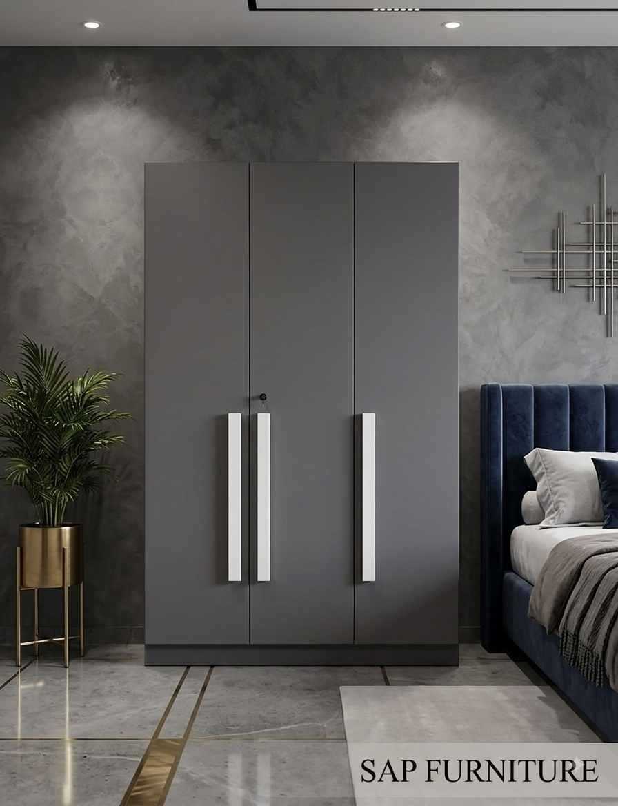 Modern Slate Grey Three-Door Wardrobe with Long White Bar Handles & Lock