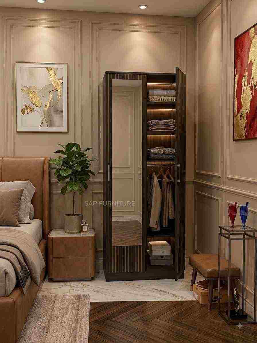 Vogue 2-Door Fluted Wooden Wardrobe with Dressing Mirror & Integrated LED Lighting