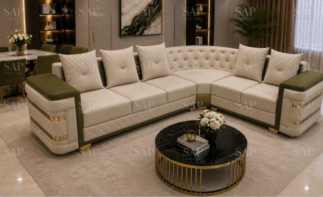Premium Leatherette L Shape Corner Sectional Sofa Set with Golden Accents Black and White