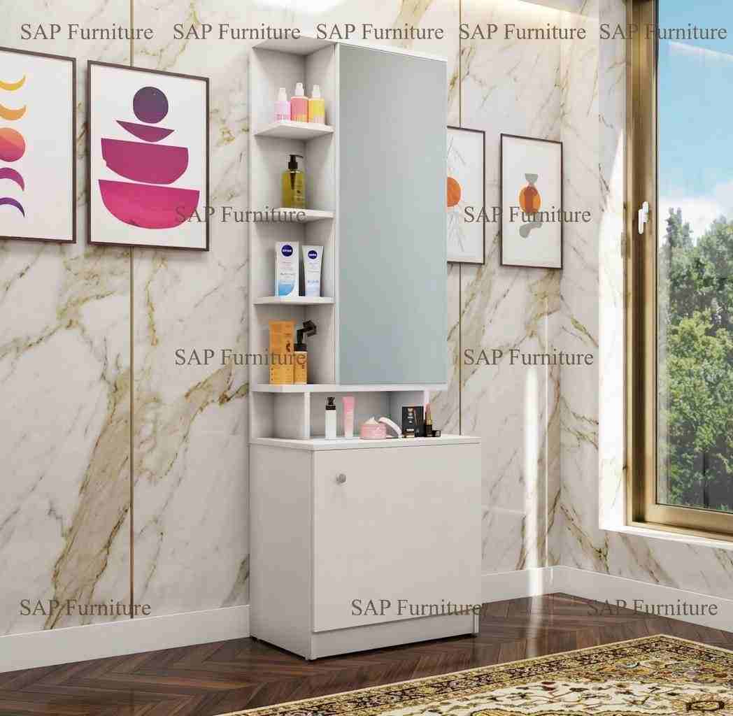 Minimalist White Dressing Cabinet with Mirror & Shelves