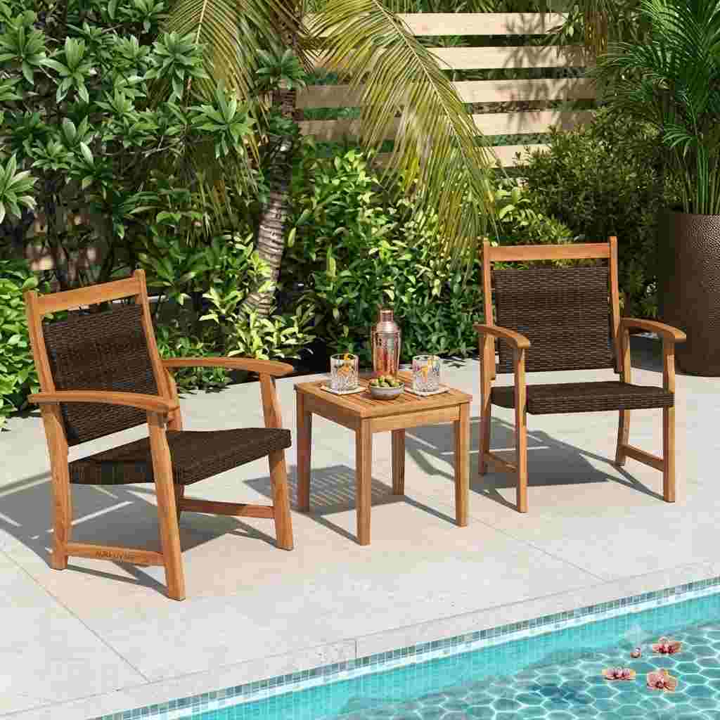 3-Piece Outdoor Patio Furniture Set with Teak Wood Armchairs & Side Table