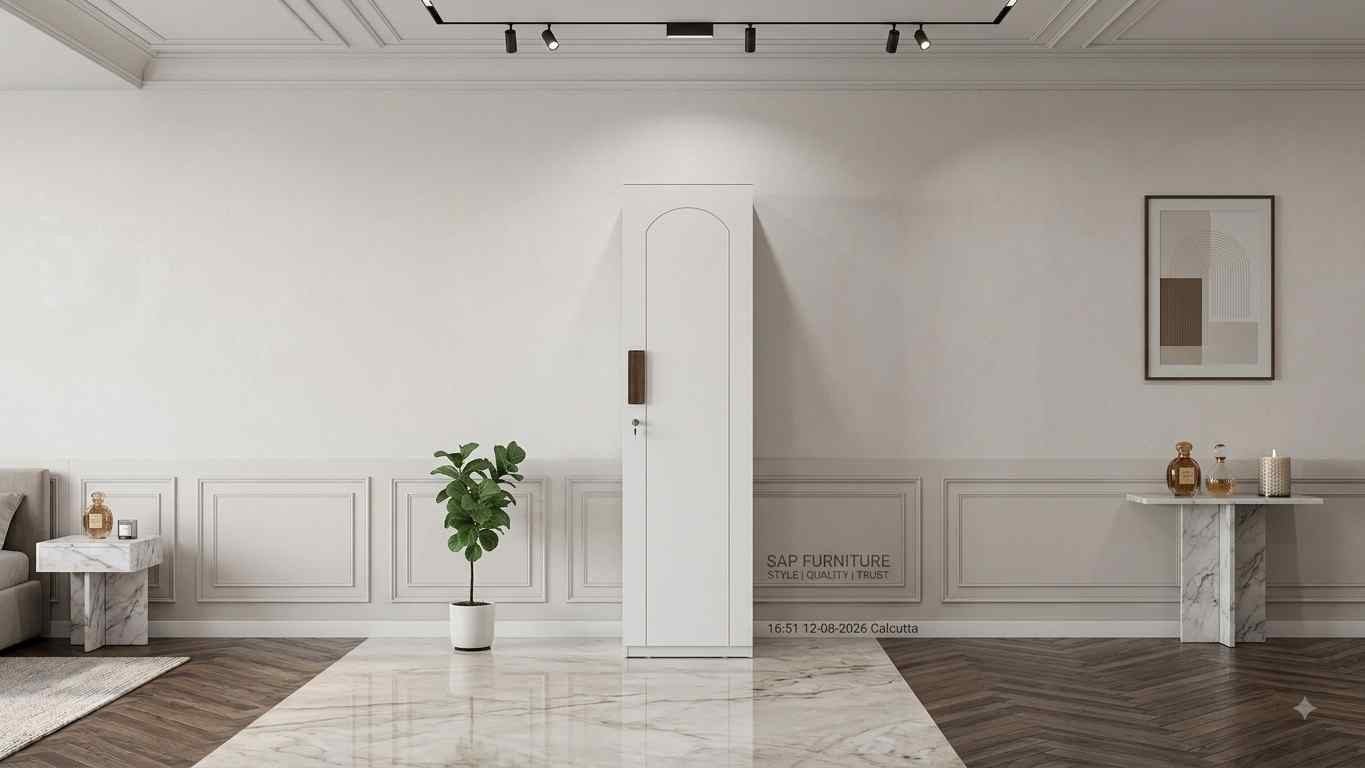 Modern Minimalist White Single-Door Wardrobe with Arched Grooves & Wood Handle
