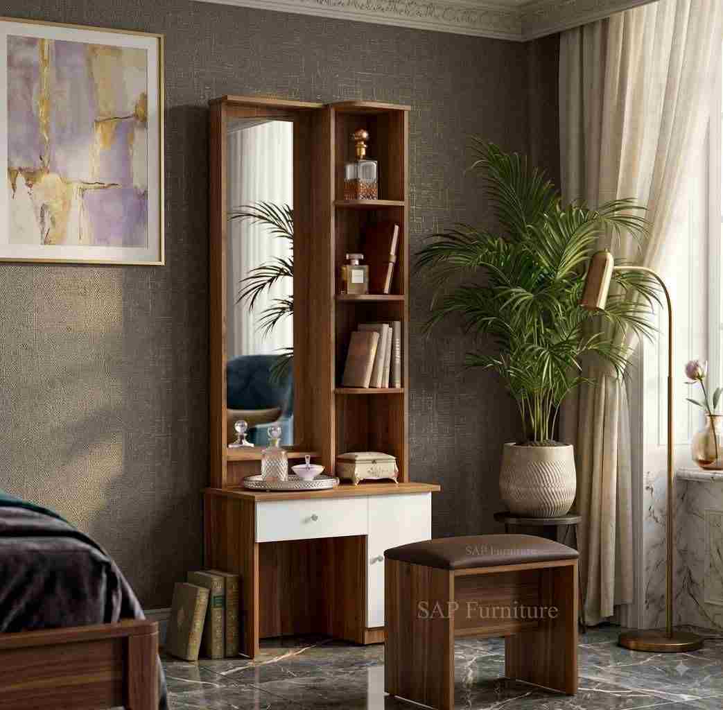 Teak & White Compact Dressing Vanity with Stool