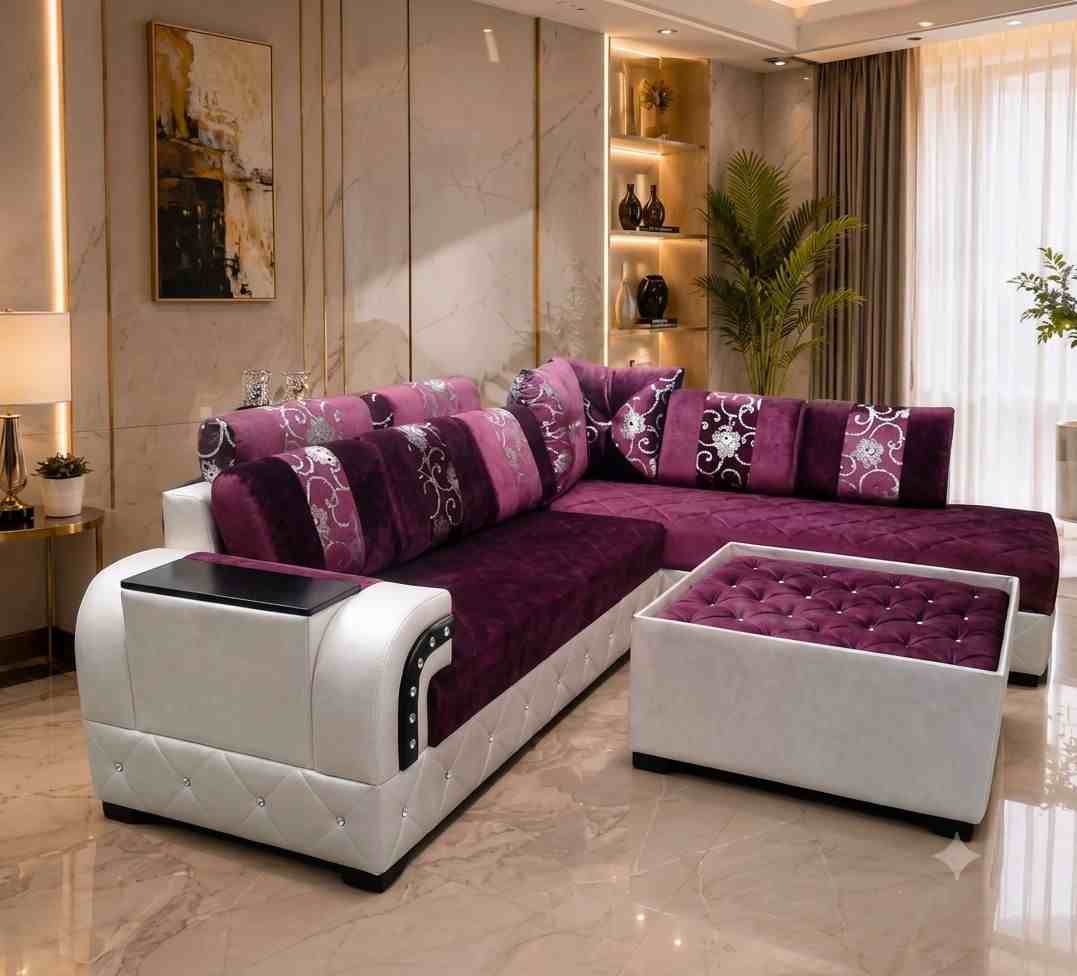 Premium Velvet L Shape Sectional Corner Sofa Set with Tufted Ottoman and Floral Cushions Dark Brown and Cream White