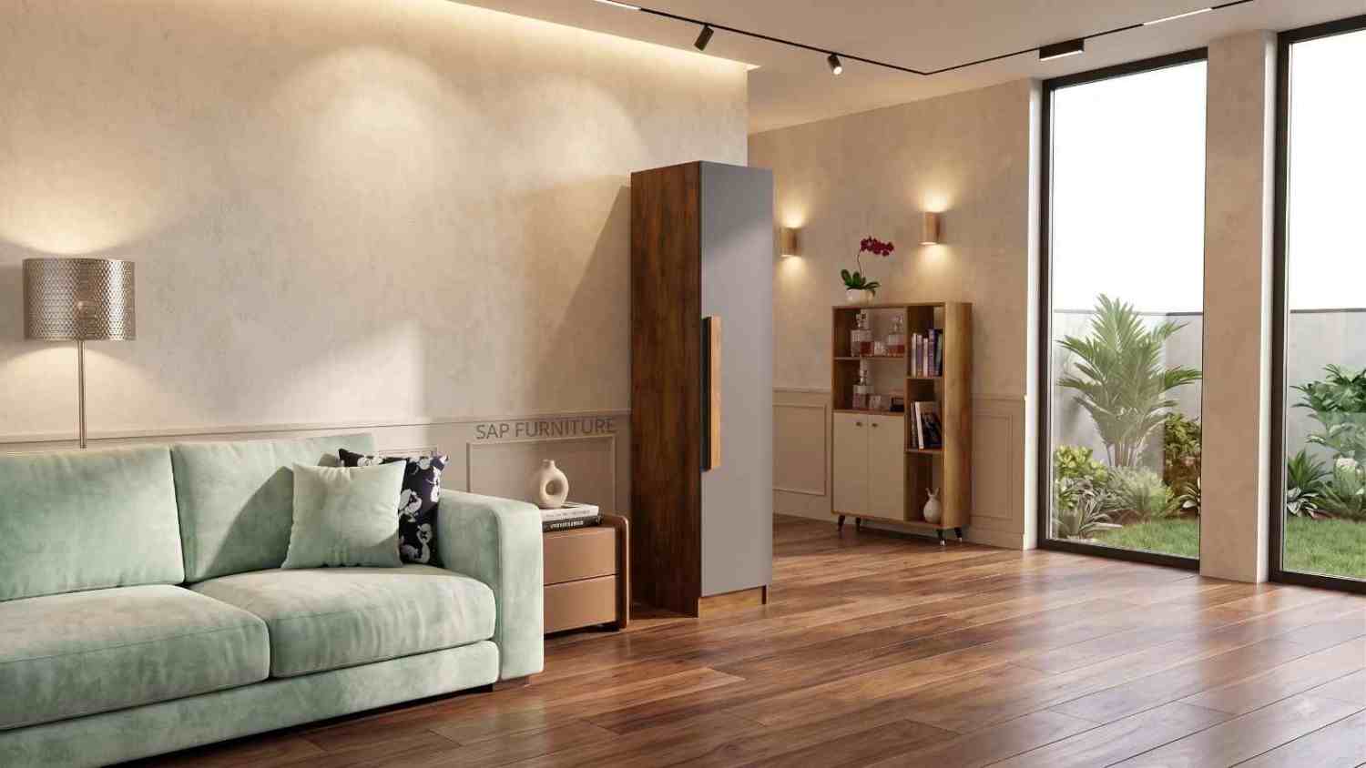 Contemporary Dual-Tone Grey & Walnut Single-Door Wardrobe