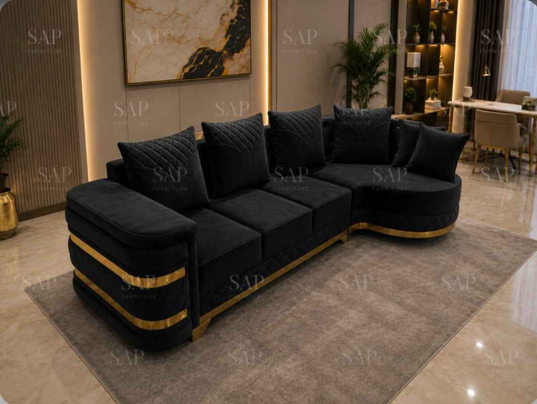 Premium Velvet Curved L Shape Sectional Sofa Set with Golden Accents Mint Green