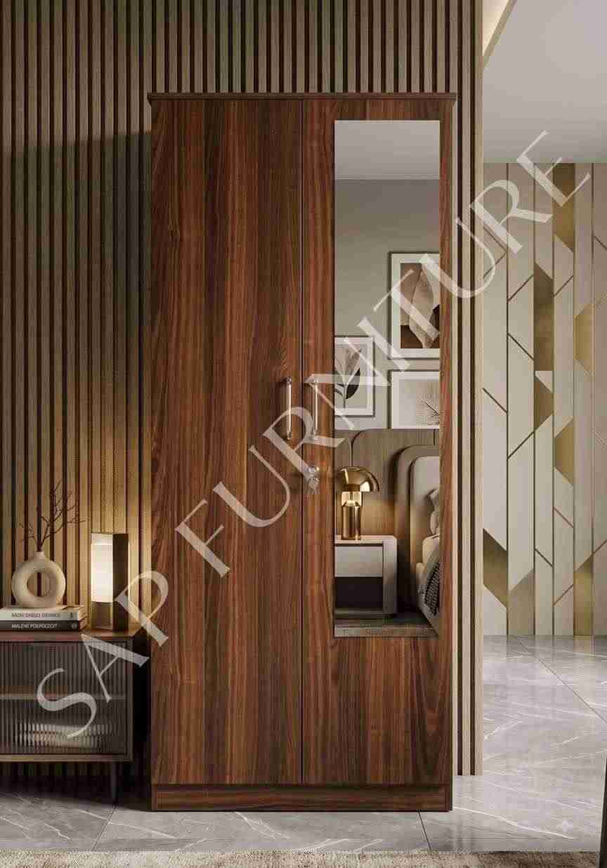 Modern Rich Walnut Double-Door Wardrobe with Dressing Mirror & Lock