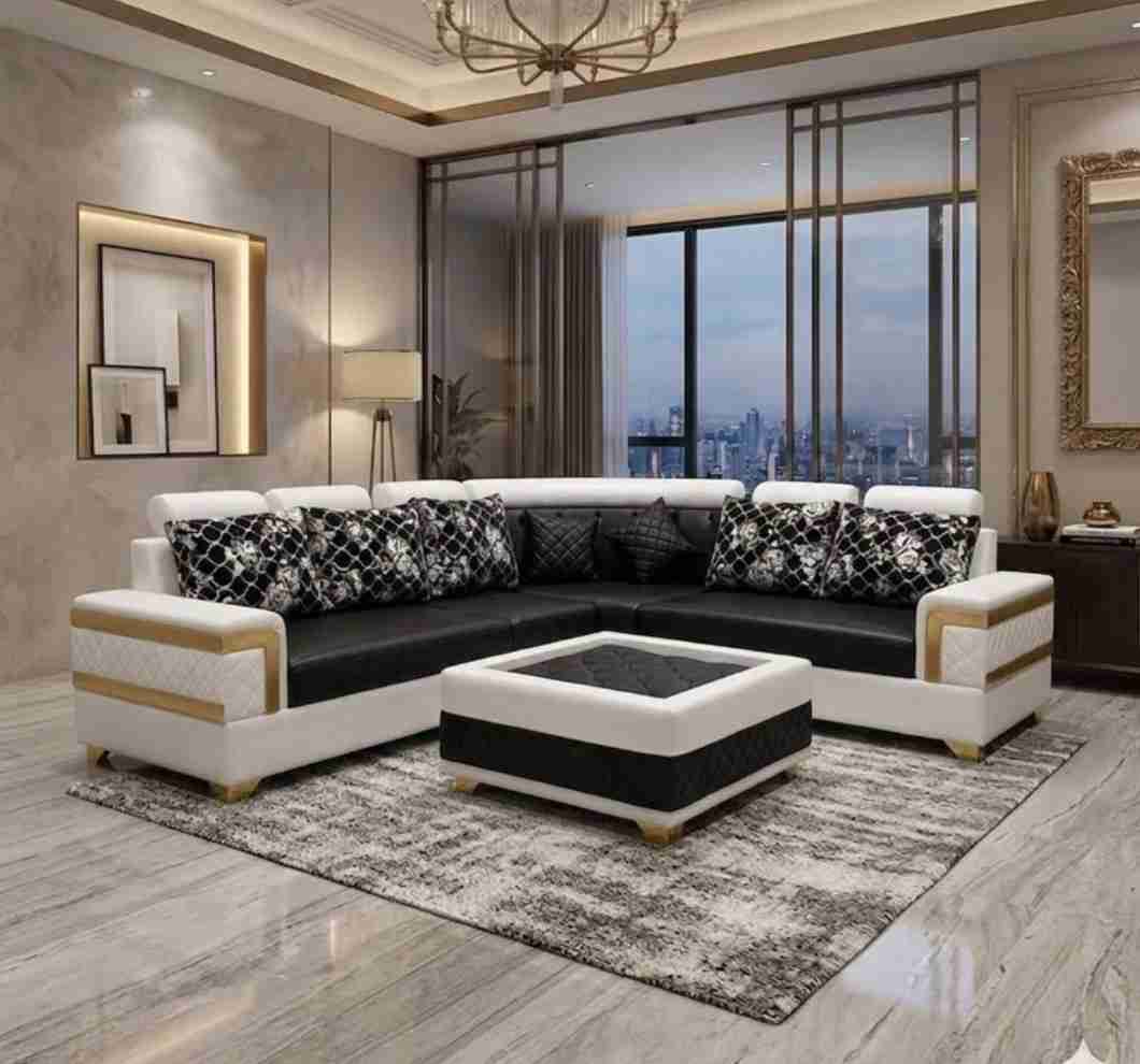Executive Curved L Shape Corner Sectional Sofa Set with Luxury Coffee Ottoman Grey and Ivory White
