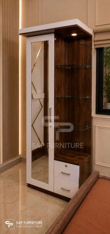 Modern Dual-Tone Dressing Cabinet with Full Mirror Door & Floating Glass Shelves
