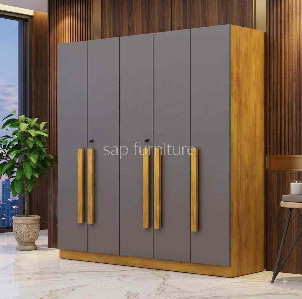 Modern Dual-Tone Slate Grey & Warm Oak Five-Door Wardrobe with Wooden Bar Handles & Locks