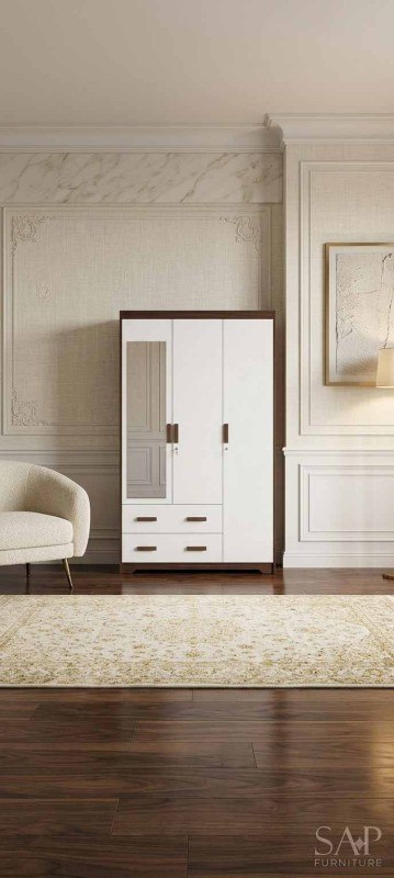 Modern Dual-Tone White & Espresso Three-Door Wardrobe with Dressing Mirror & Drawers