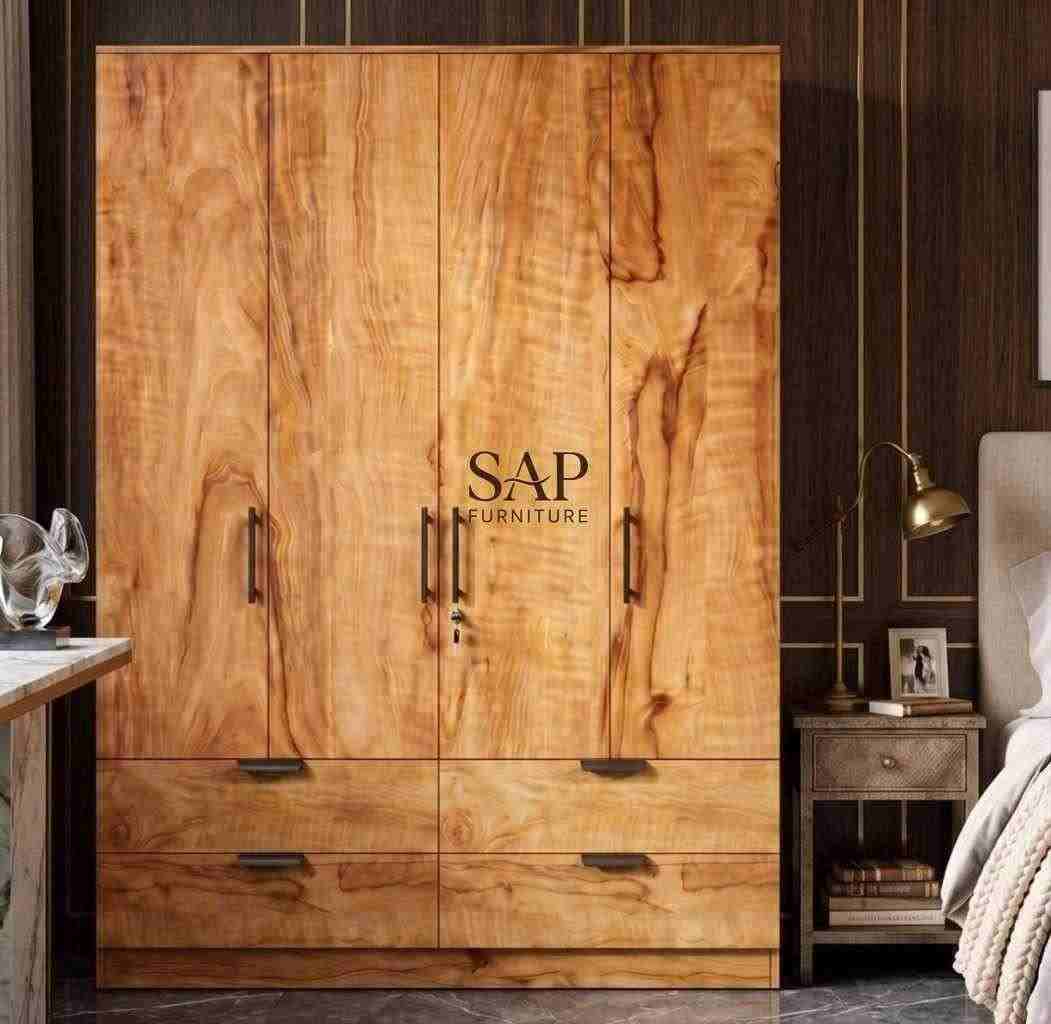 Rustic Natural Teak Four-Door Wardrobe with Bottom Drawers & Key Lock
