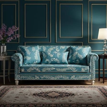 Marrakesh Teal Botanical Bone-Inlay Pattern 3-Seater Sofa