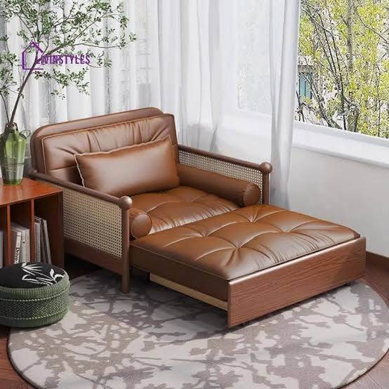 Heritage Luxury Rattan Leatherette Single Sofa Bed with Pull Out Ottoman Tan Brown