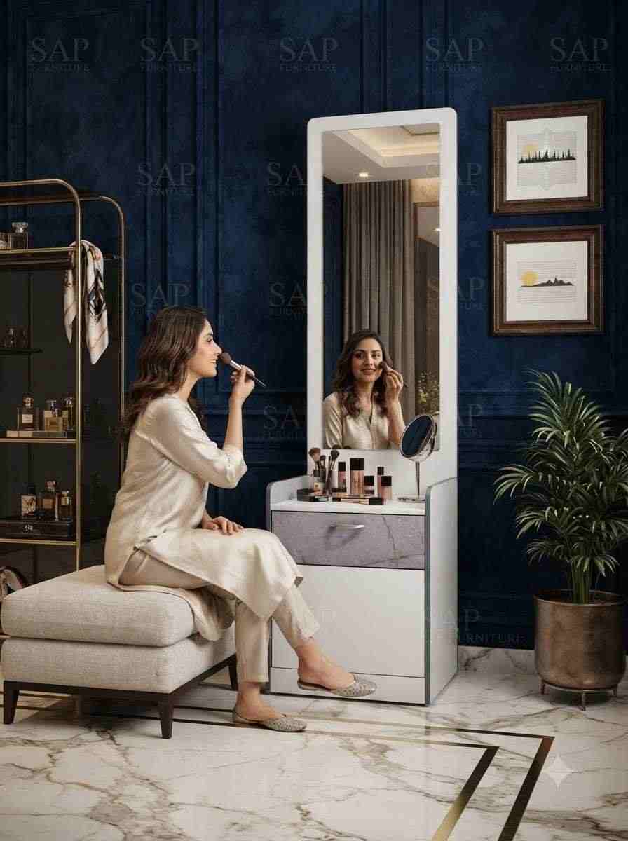 White & Marble-Accent Compact Dressing Vanity