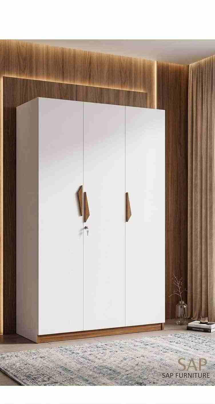 Minimalist White Three-Door Wardrobe with Natural Wooden Handles & Lock