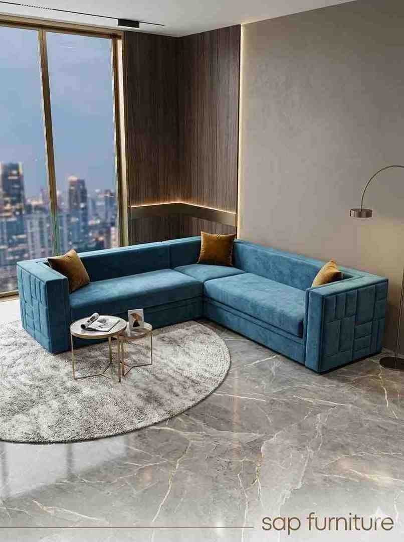 Royal Blue Velvet L-Shaped Sectional Sofa