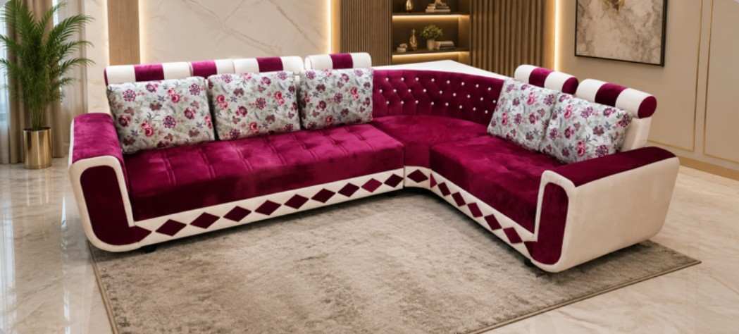 Vogue Premium Velvet L Shape Sectional Corner Sofa Set with Floral Cushions Wine Red and Cream