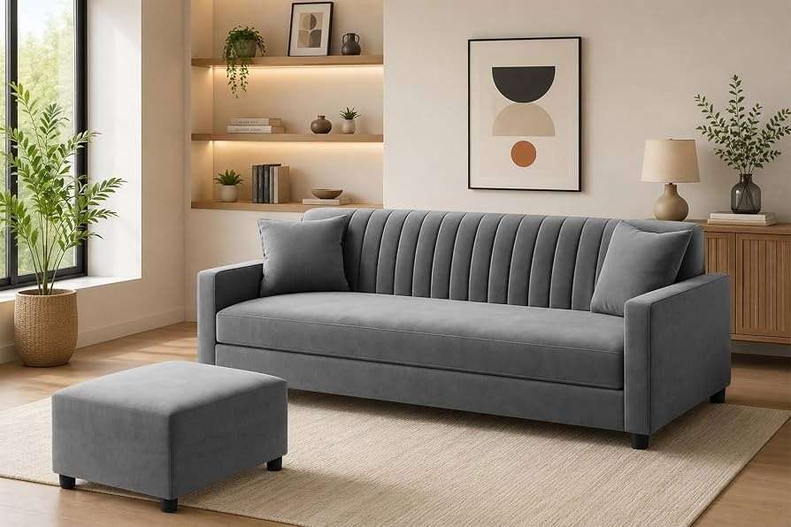 Aurelia Modern Channel-Tufted Velvet Sofa with Matching Ottoman