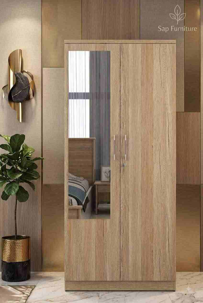Modern Light Oak Double-Door Wardrobe with Dressing Mirror & Lock