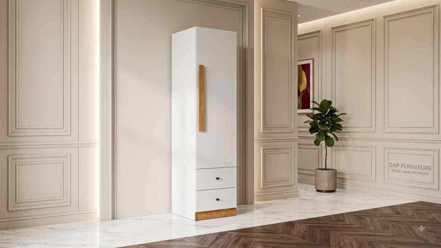 Modern White Single-Door Wardrobe with Bottom Drawers & Wooden Accent
