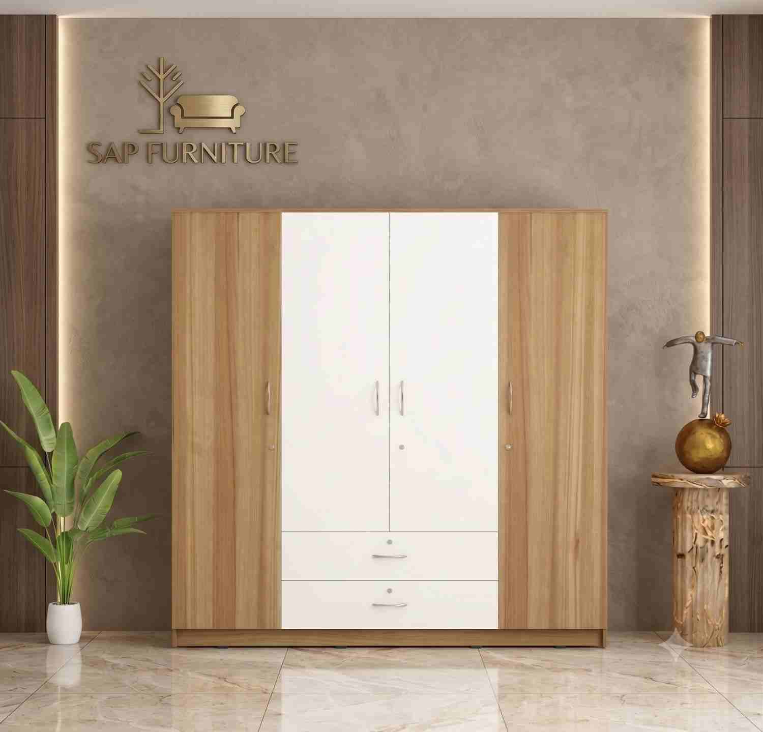 Aurelia 4-Door Engineered Wood Wardrobe with Drawers