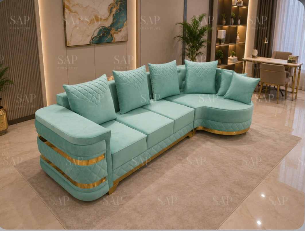 Premium Velvet Curved L Shape Sectional Sofa Set with Golden Accents Mint Green