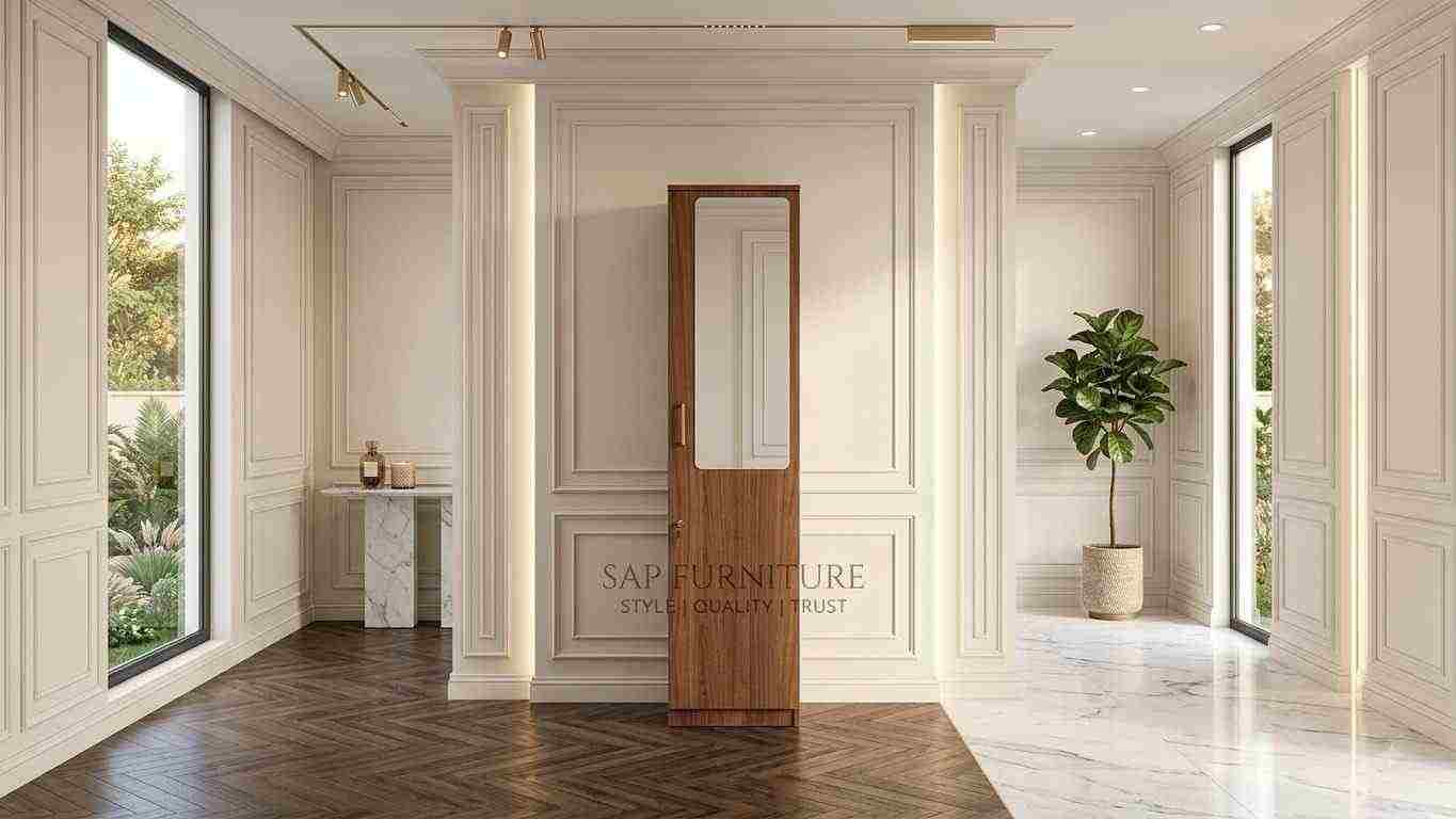 Modern Teak Wood Single-Door Wardrobe with Dressing Mirror & Lock