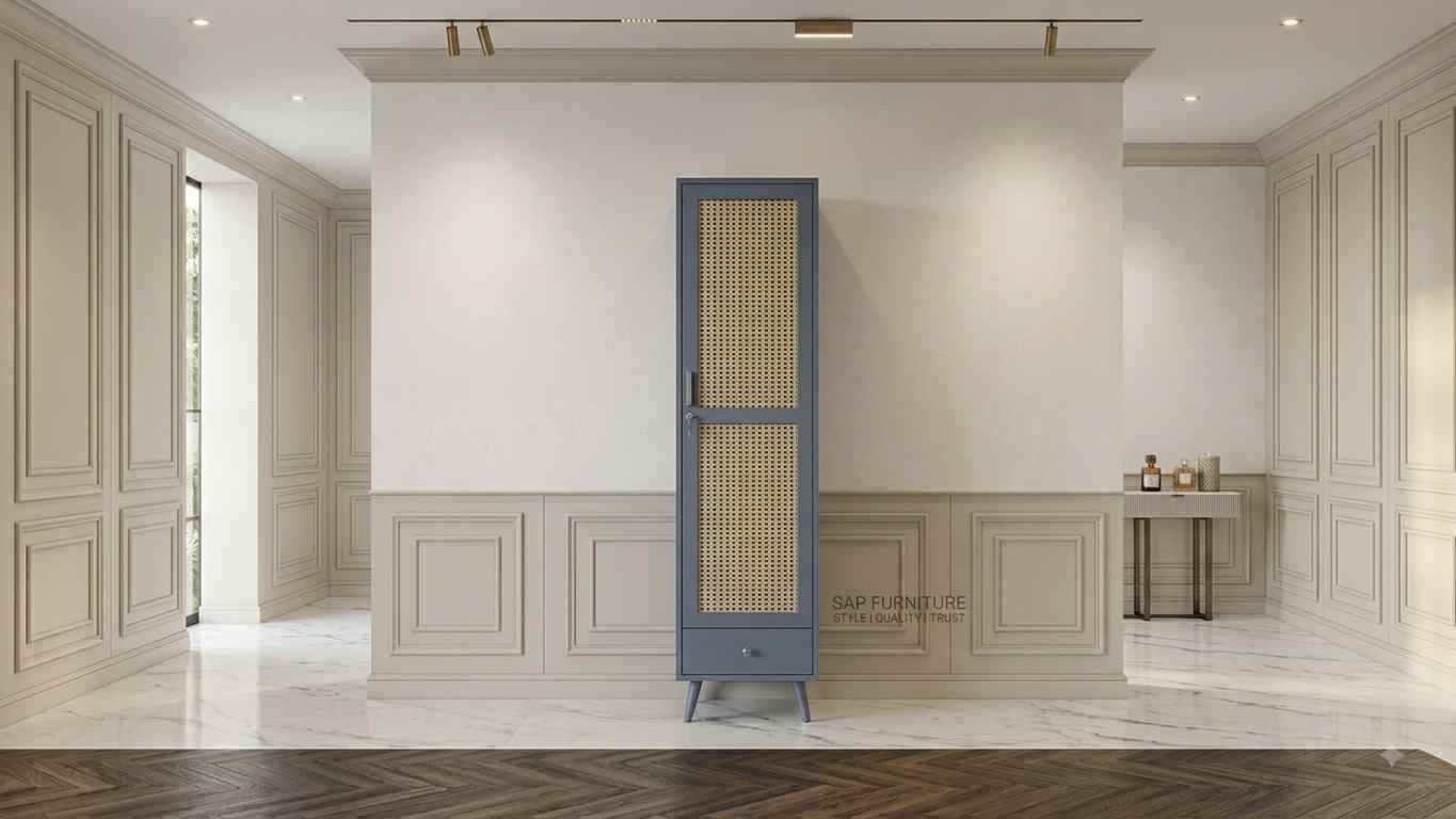 Chic Slate Blue Single-Door Wardrobe with Cane Rattan Mesh & Drawer