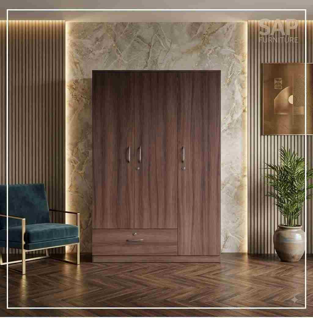 Modern Warm Walnut Three-Door Wardrobe with Bottom Drawer & Key Locks