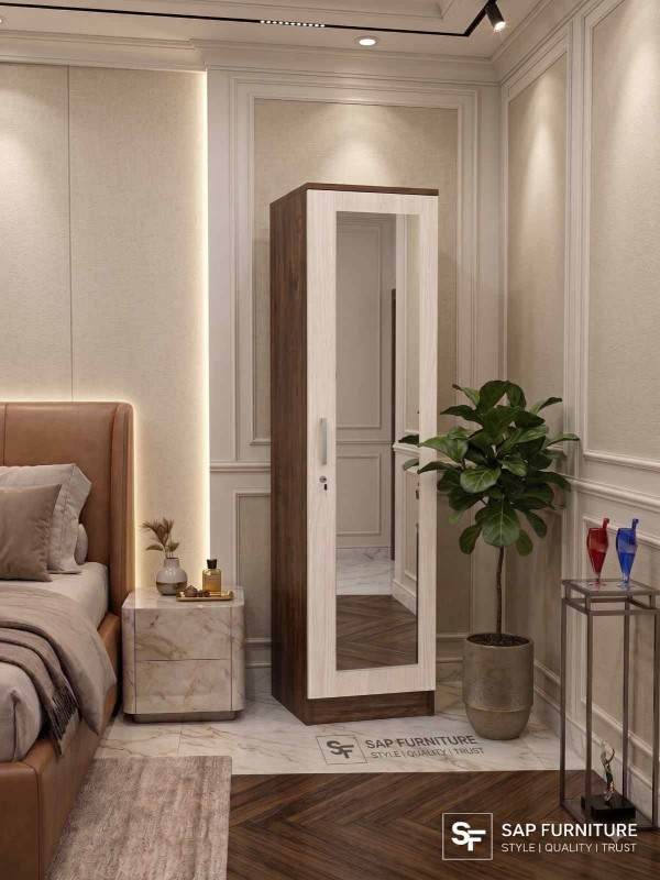 Dual-Tone Single-Door Wardrobe with Full Dressing Mirror & Lock