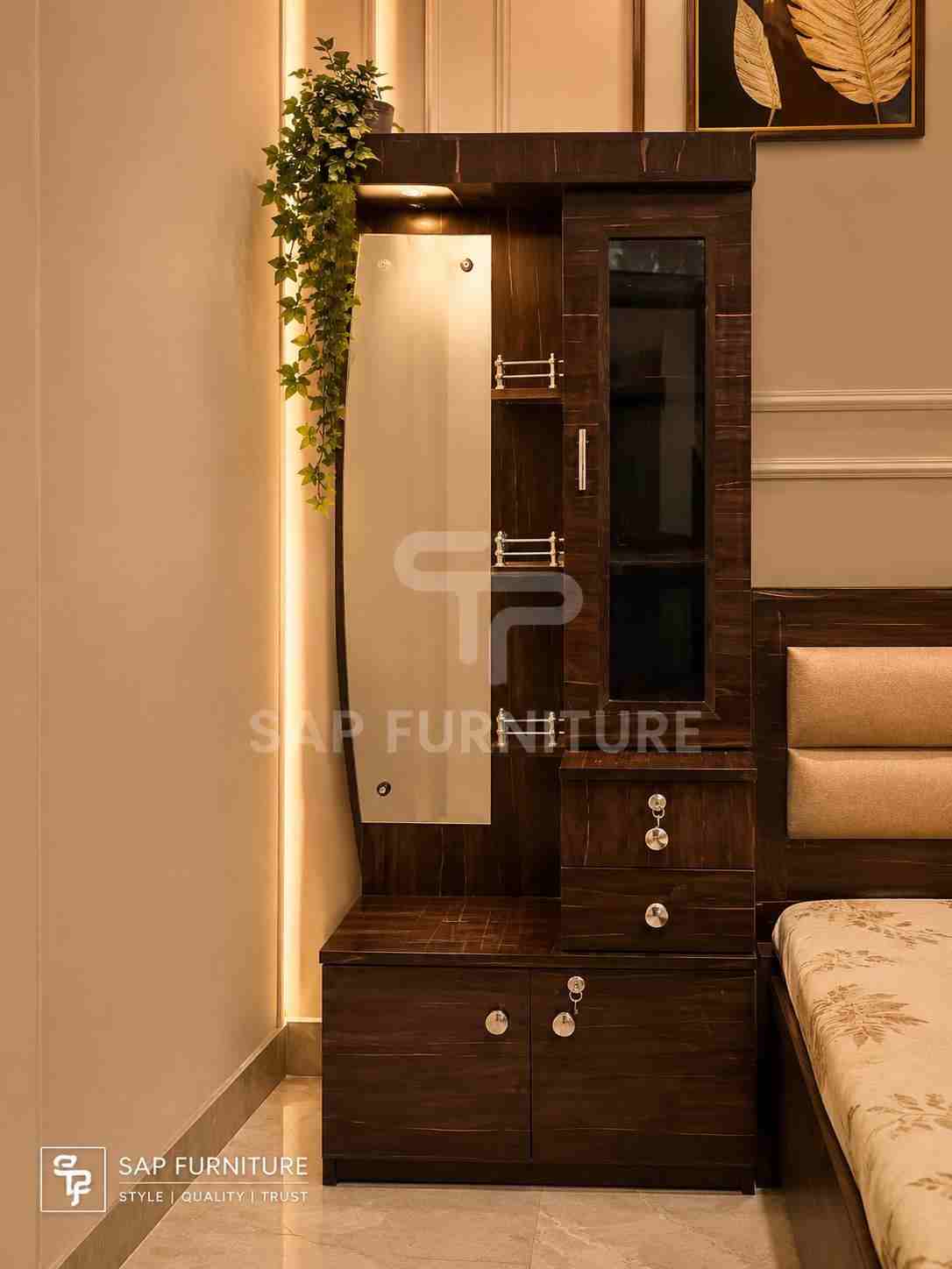 Dark Textured Wooden Vanity Table with Glass Storage Cabinet & Curved Mirror