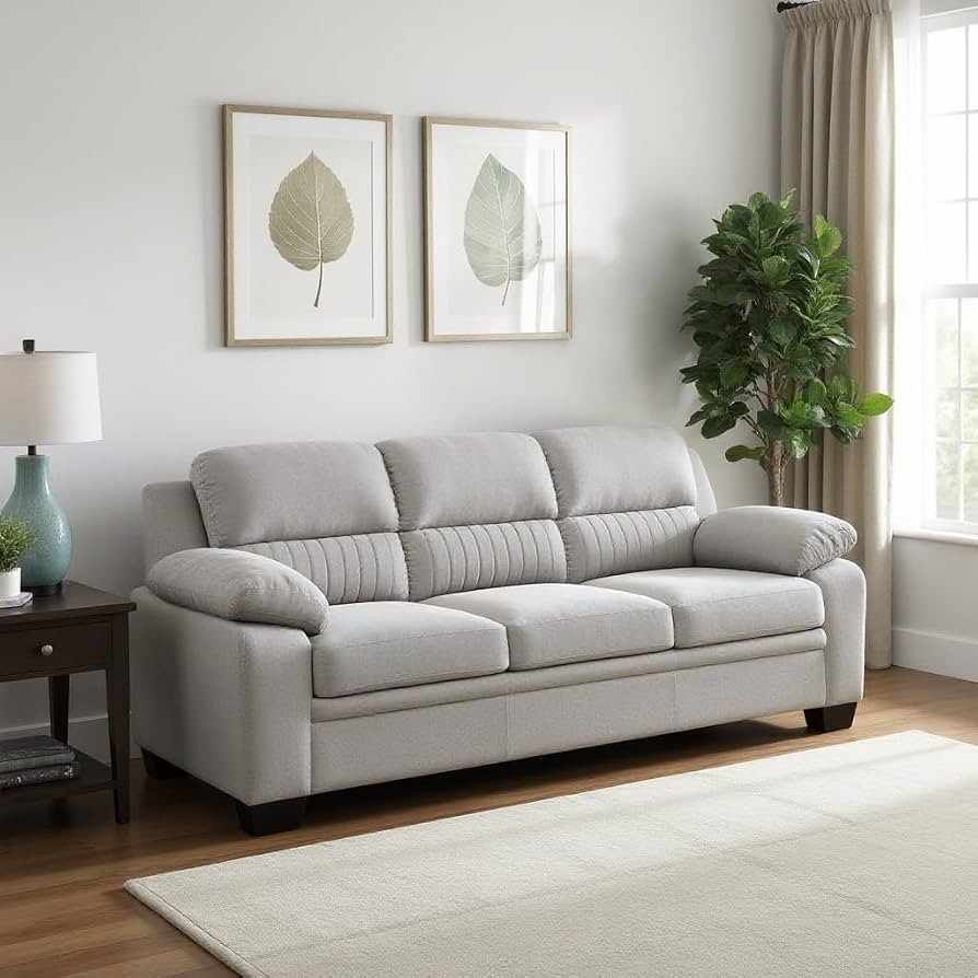 Milano Premium Fabric 3 Seater Sofa with Pleated Backrest Design Light Grey