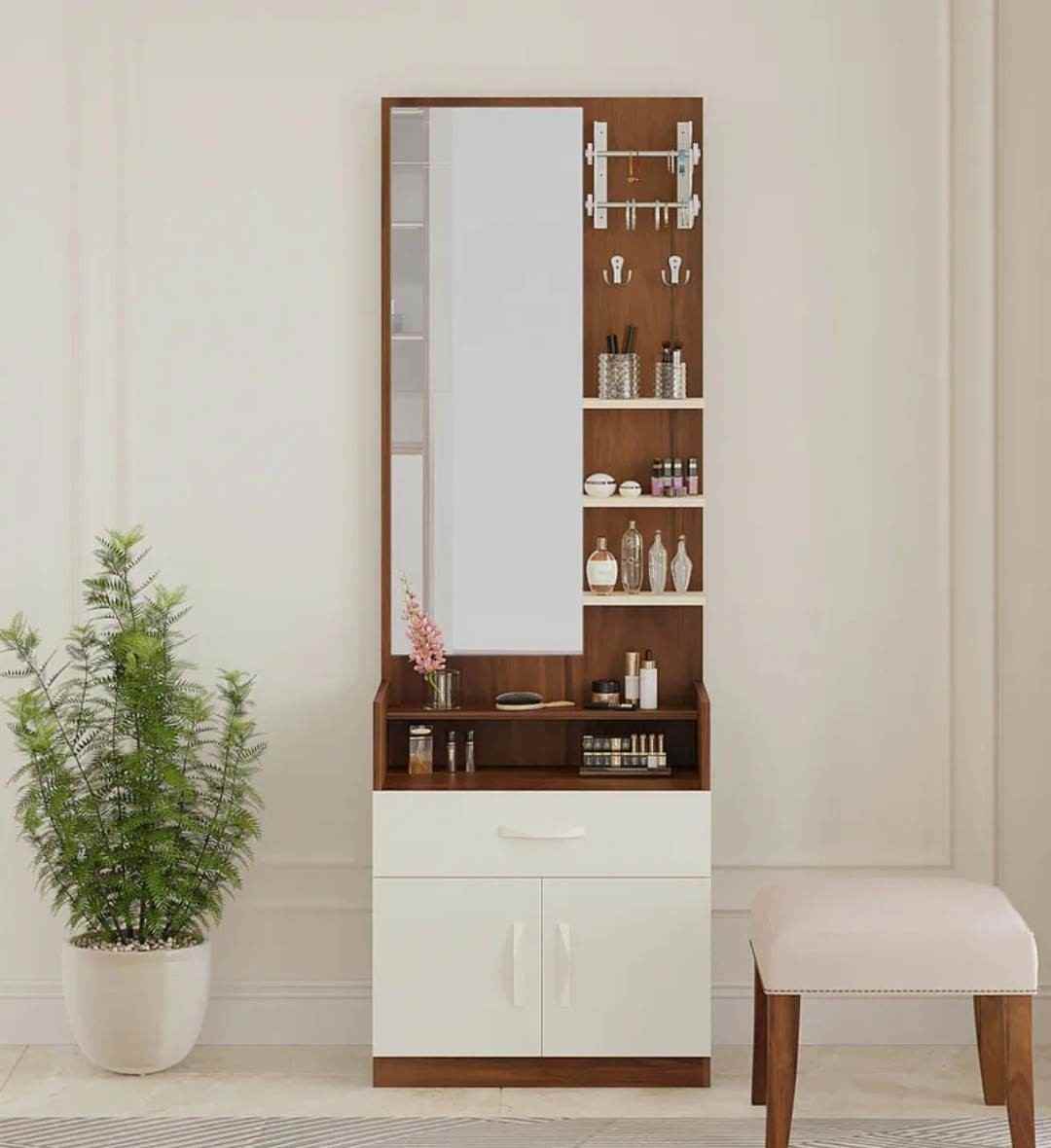 Contemporary Walnut & Ivory Dressing Cabinet with Jewelry Rack