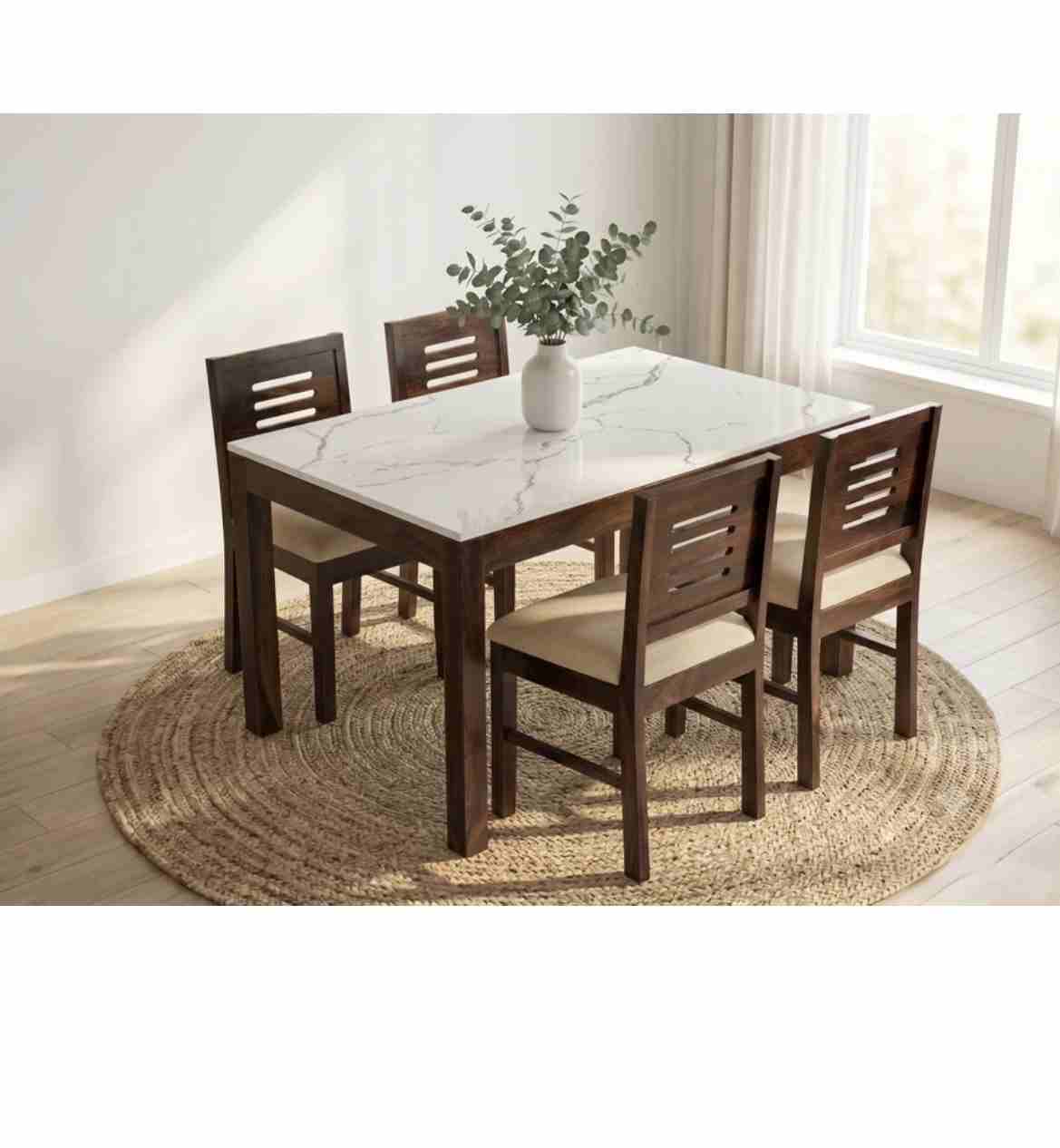 odern 4-Seater Wooden Dining Table Set with a Faux-Marble Top.