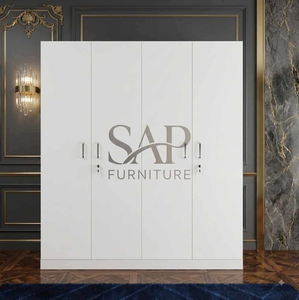 Minimalist Pure White Four-Door Wardrobe with Dual Locks