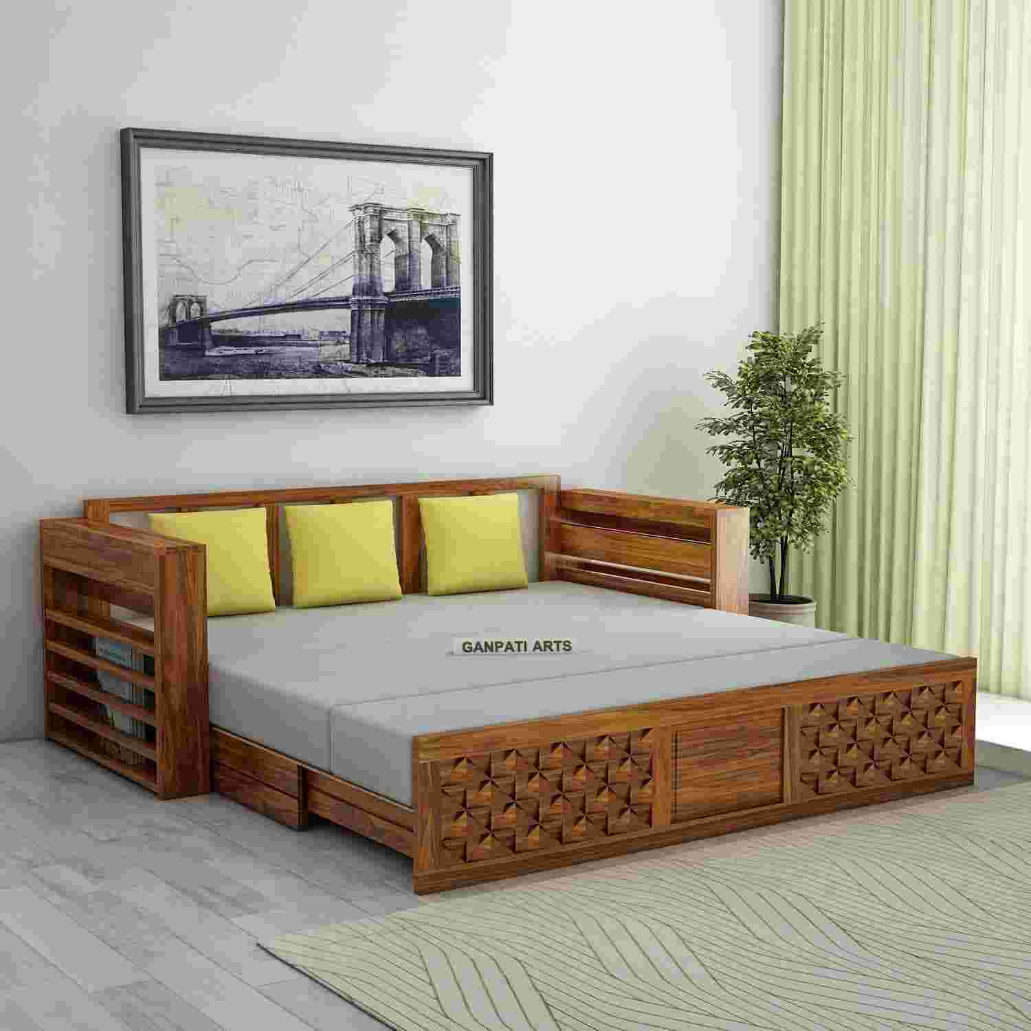 Ganpati Arts Solid Sheesham Wood 3 Seater Sofa Cum Bed with Magazine Storage Rack Honey Finish