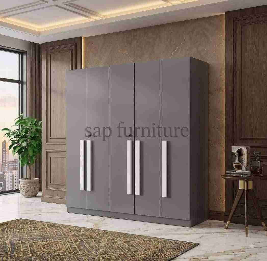 Modern Slate Grey Five-Door Wardrobe with Long White Bar Handles & Locks