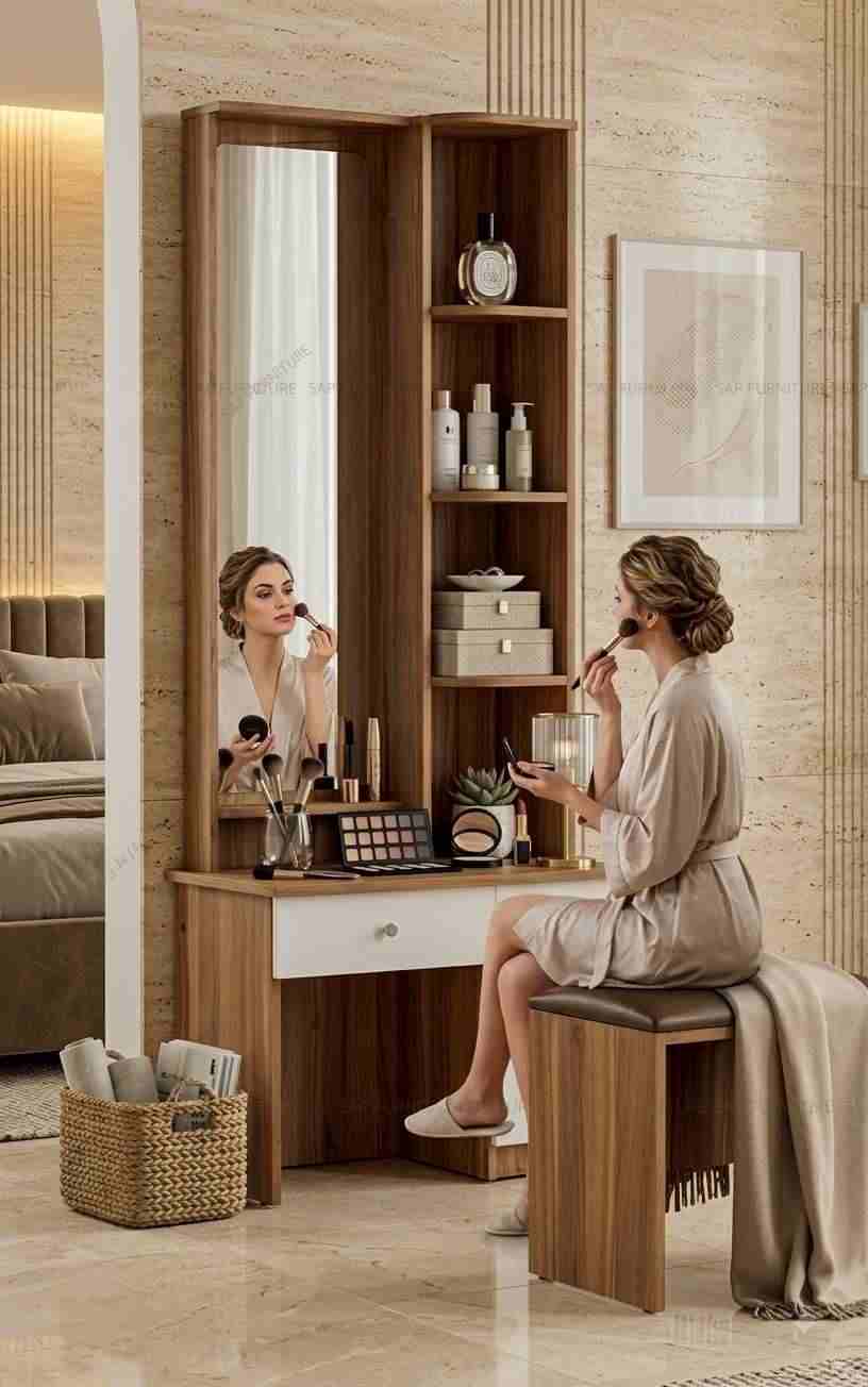 Modern Teak Multi-Tier Vanity Station with Padded Ottoman