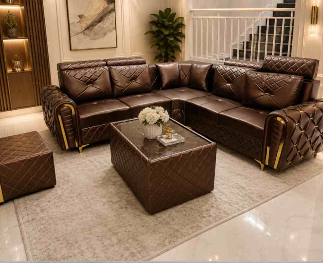 Imperia Premium Leatherette L Shape Corner Sofa Set with Golden Accents and Center Table Dark Brown